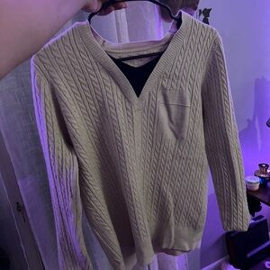 Men's Cream Cable-Knit V-Neck Sweater